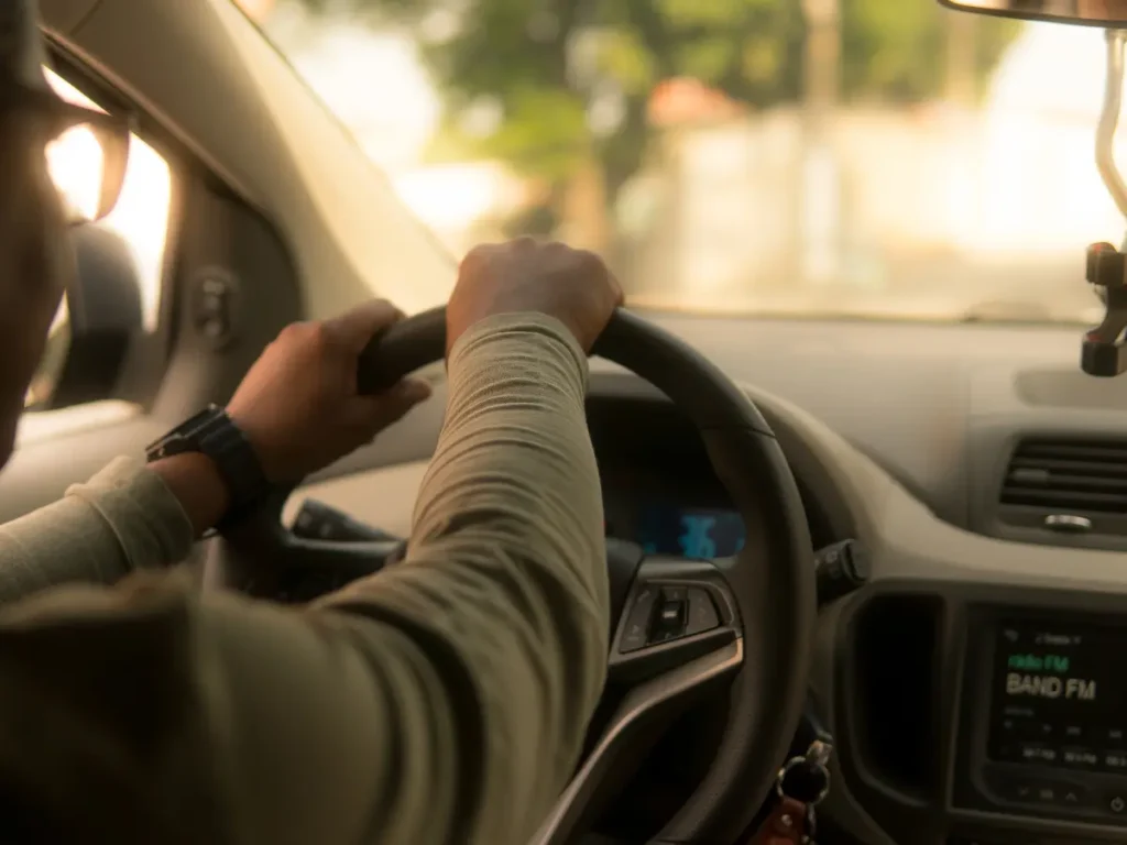 A backseat view of a person driving a car.